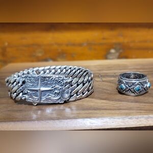 Mens Stering Silver Bracelet and Ring Set. (Bracelet Size 7.5+Ring Size 10)